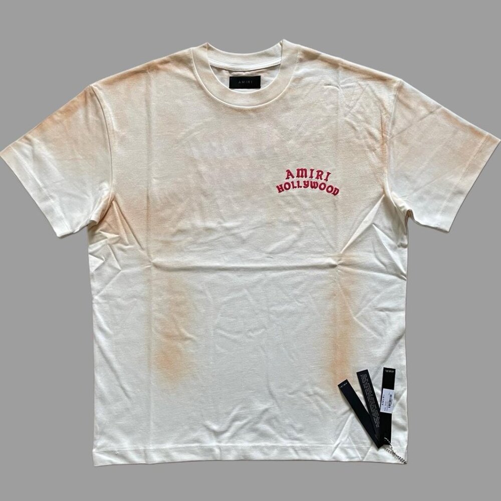 Amiri Hollywood Logo T-Shirt Distressed Dirty Effect Off-White Cotton Tee New XL